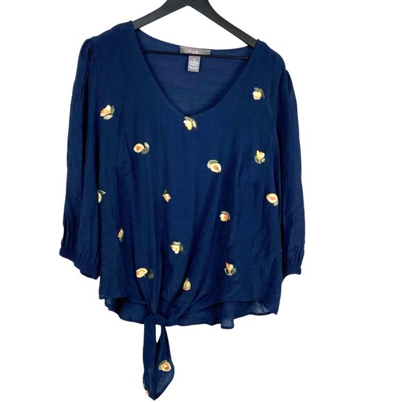 Olivia & Martin Top Women's Blue Sz 1X Embroidered 3/4 Sleeves Boho Cottage Core - Picture 1 of 8